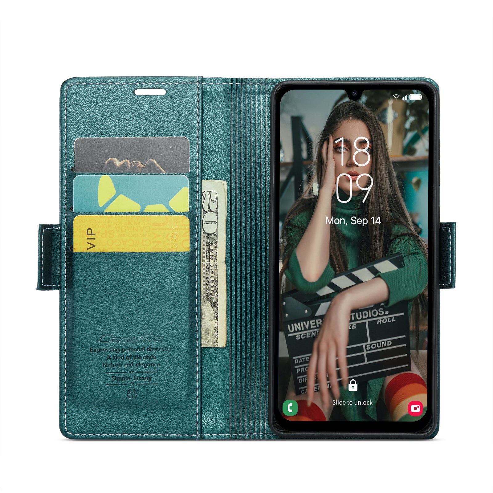 For Samsung Galaxy A16 5G / A16 4G Case CASEME 023 Series RFID Blocking Glossy Stand Phone Cover - Green For Samsung Galaxy A16 5G / A16 4G Case CASEME 023 Series RFID Blocking Glossy Stand Phone Cover - Green
